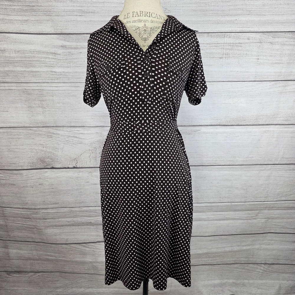 Enfocus Studio Brown and White Polka Dot Vneck Midi Dress
